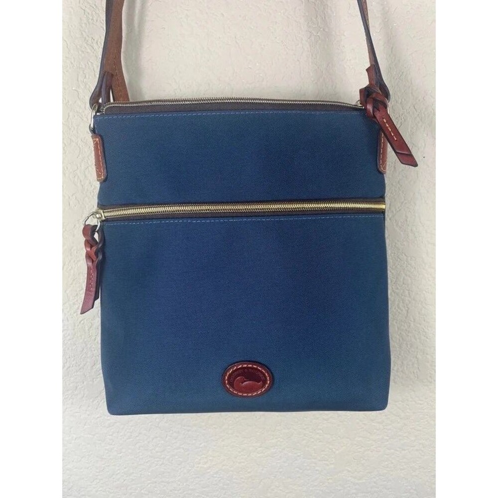 Dooney & Bourke Blue Nylon Zip Crossbody Bag with Brown Leather Trim